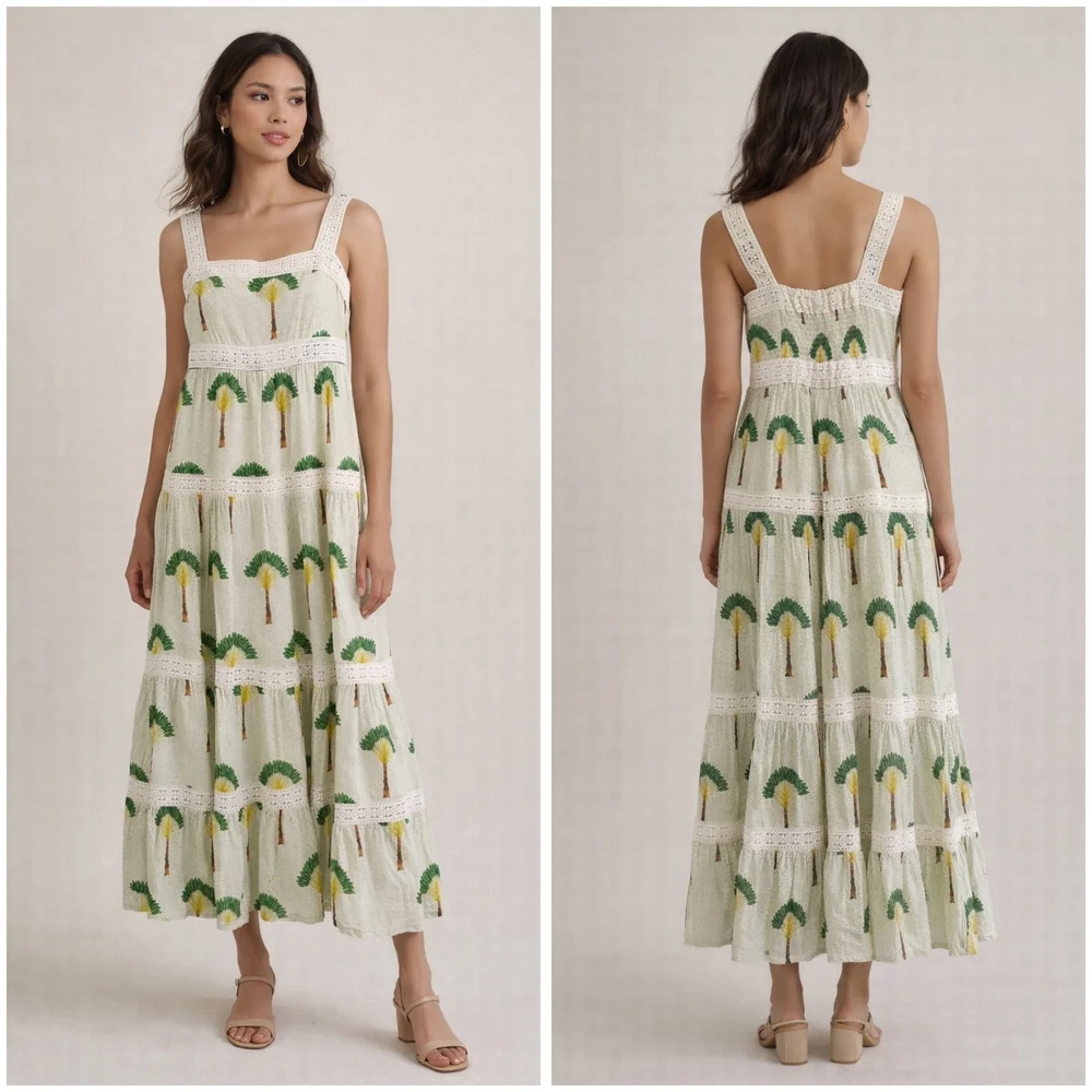 Calypso St. Barth, Cream Maxi Dress with Green Palm Motif, NWT - Picture 1 of 1